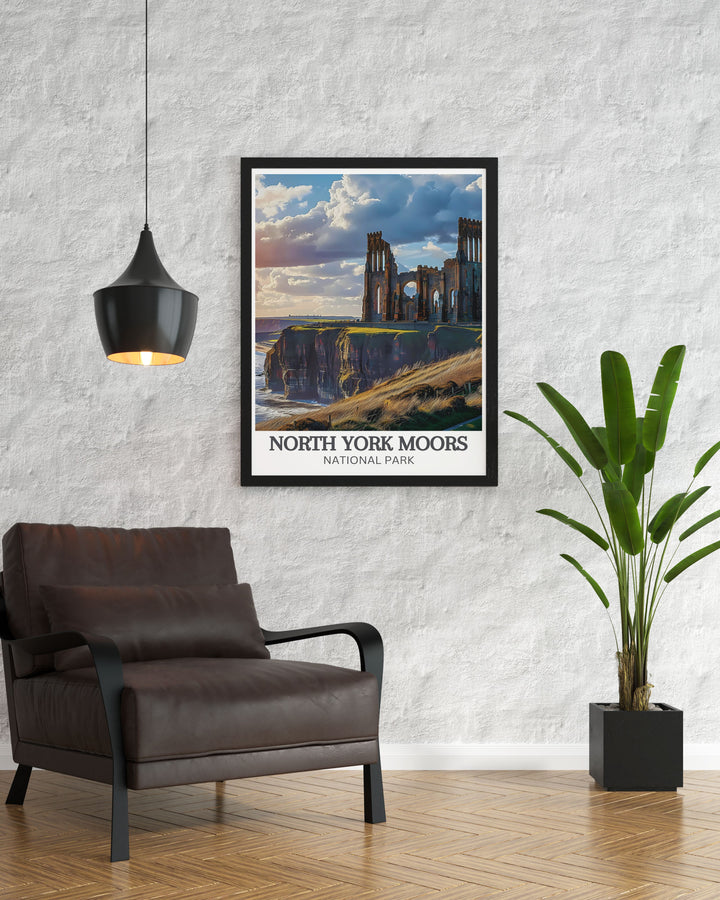 Capture the mysterious allure of Whitby Abbey with this art print, illustrating the dramatic ruins and the sweeping views of the surrounding countryside, ideal for lovers of history and scenic art.