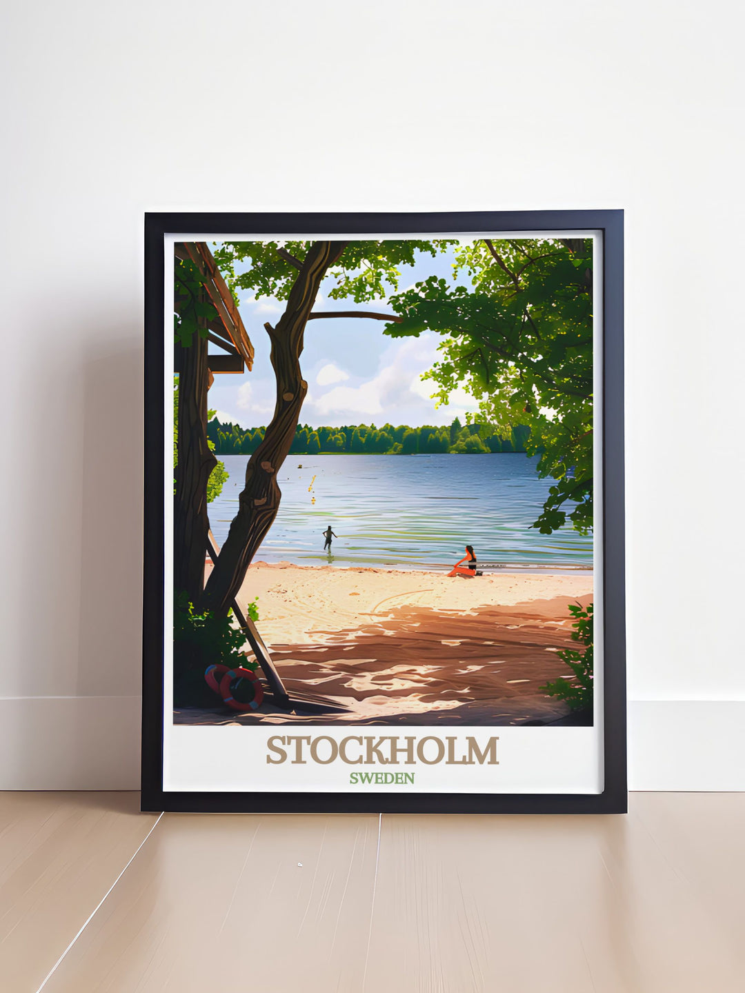 Enhance your living room decor with our Smedsuddsbadet modern art featuring black and white prints of Stockholms serene landscape a perfect addition to any contemporary space or as a special gift for loved ones