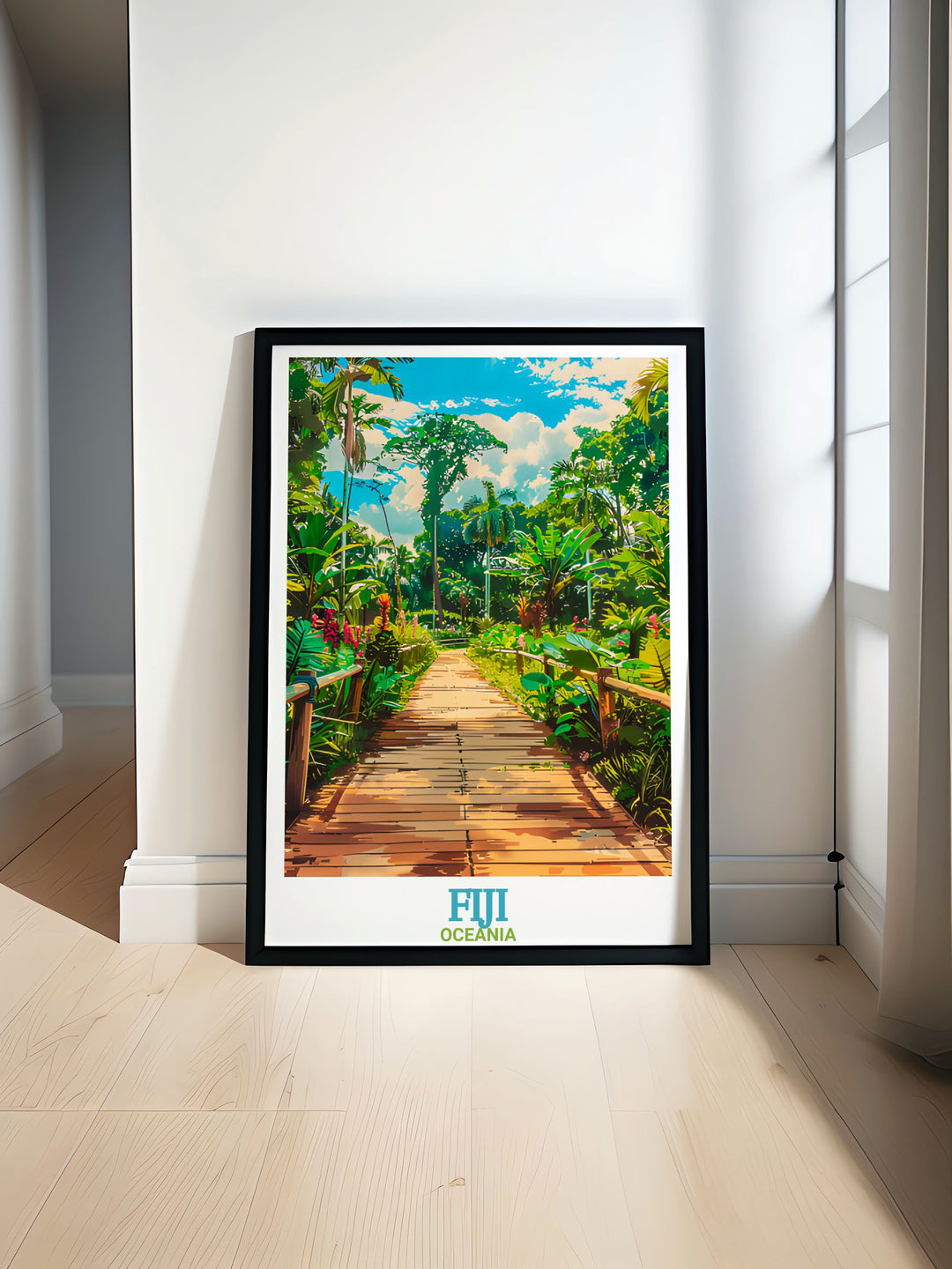 Garden of the Sleeping Giant travel poster showcasing Fijis lush botanical beauty perfect for adding vibrant color to any space. This Fiji poster captures the exotic charm of the Garden of the Sleeping Giant with intricate details and rich hues.