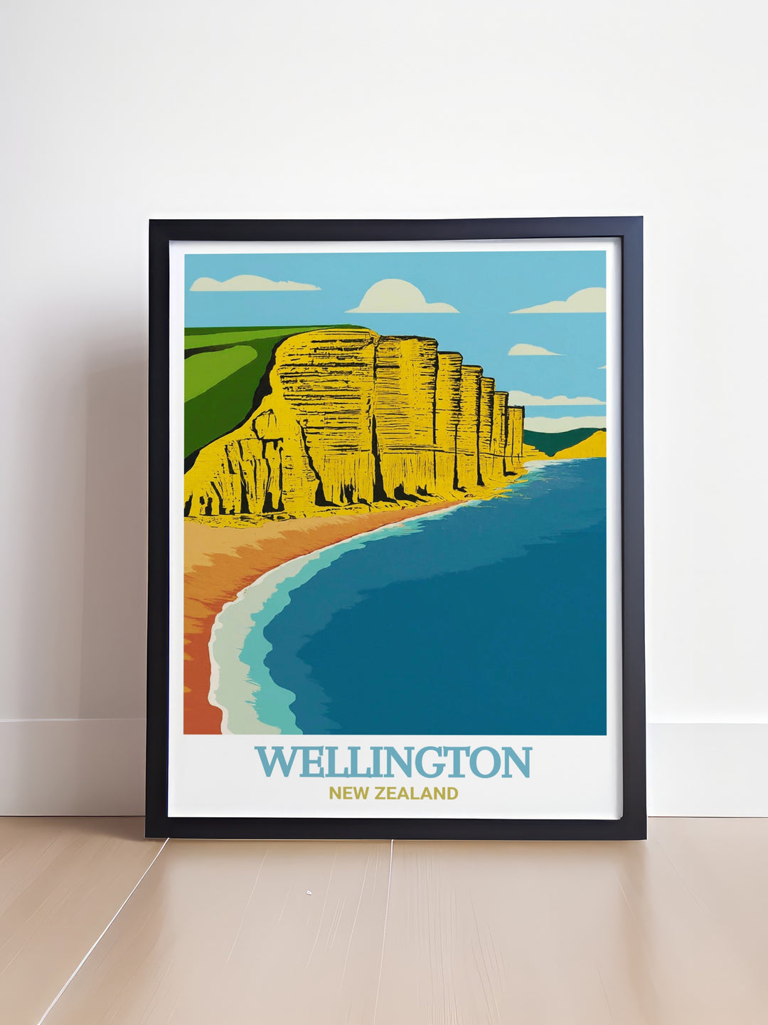 West Bay poster print featuring the iconic cliffs and sweeping shoreline of the Jurassic Coast. This England travel print offers a vibrant depiction of one of the countrys most famous landmarks, perfect for home décor or as a travel gift.