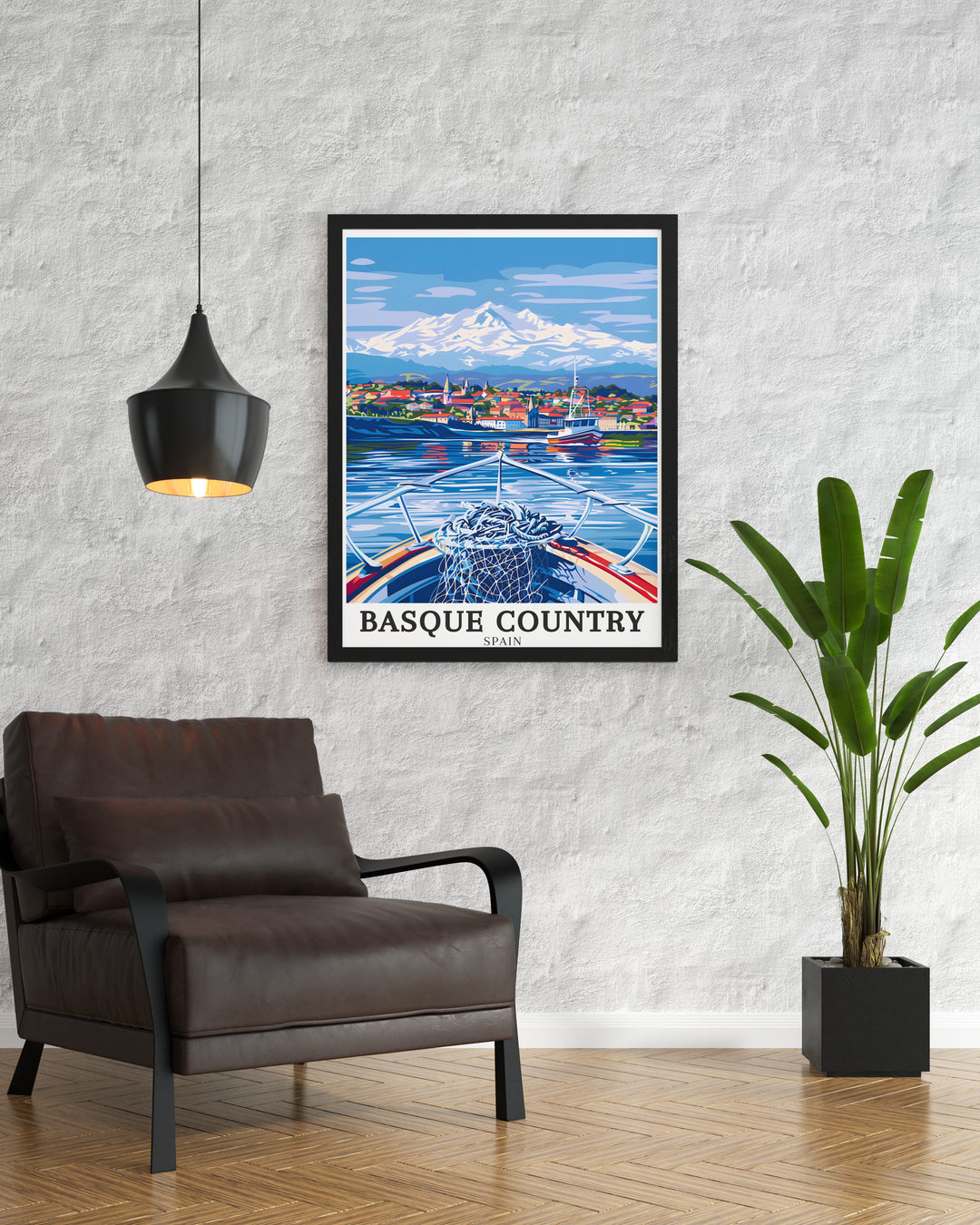 A vintage style travel poster of the Basque Country, celebrating the scenic beauty of the Pyrenees mountains and the historic village of Hondarribia. This artwork is a great way to bring northern Spains landscape and heritage into your home.