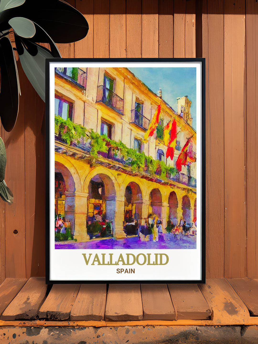 Elevate your home décor with this Plaza Mayor travel print, highlighting the beauty of Valladolids central square. The bright colors and detailed architecture offer a captivating view of Spanish life, making it a thoughtful gift for any occasion.