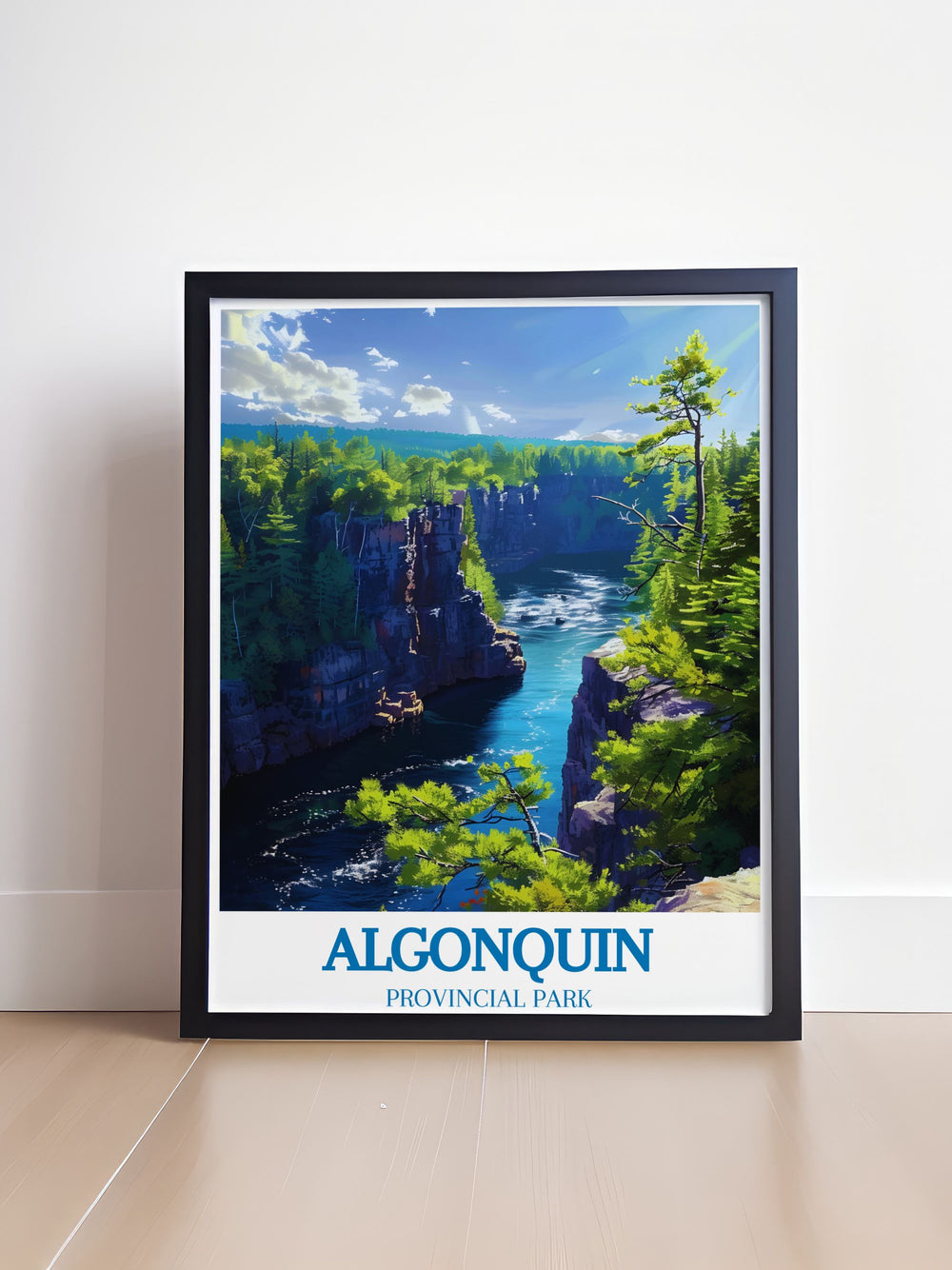 Artistic rendition of Algonquins Barron Canyon, captured in a contemporary print that highlights the serene and wild aspects of Canadian landscapes.