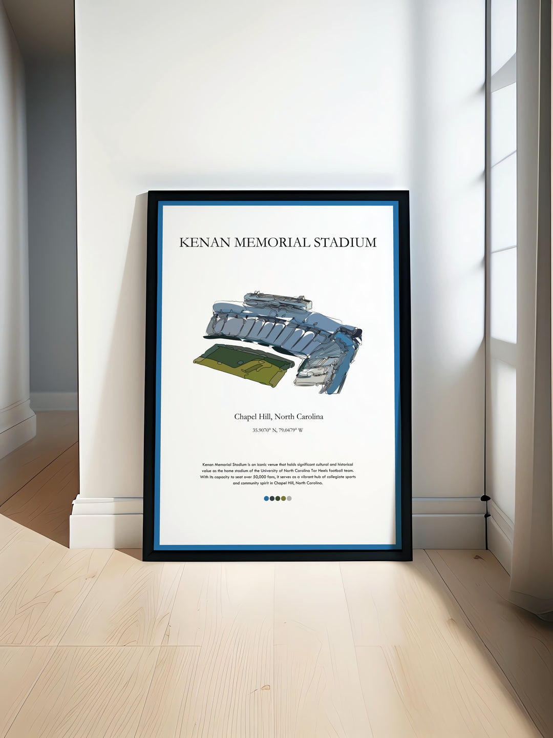 Kenan Memorial Stadium art print showcases UNC Tar Heels football. Perfect for college dorms or living rooms this retro college football poster captures the iconic stadium in Chapel Hill making it a must have for any sports fan.