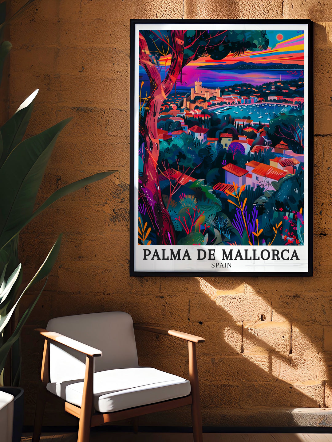 Vibrant Palma de Mallorca art print depicting the iconic Bellver Castle and the picturesque Palma Bay. The detailed artwork reflects the unique charm of this Balearic city, perfect for enhancing any home decor with a touch of Spanish elegance