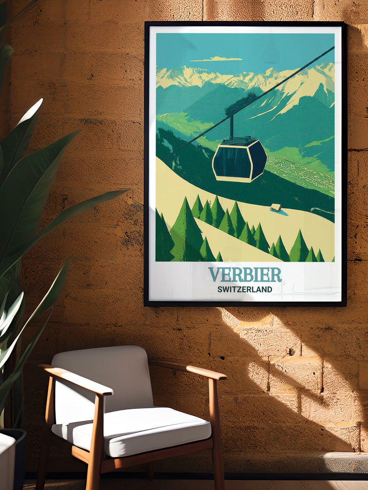 A beautifully detailed Swiss Alps print featuring the Le Châble Verbier Gondola. This travel poster highlights the serenity and adventure of Switzerlands most famous ski resort, making it an ideal gift for snow sports enthusiasts.