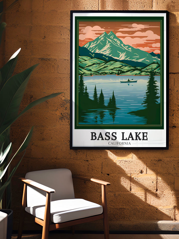 This framed print of Bass Lake California captures the peaceful scenery of Sierra National Forest Madera County making it an excellent choice for those who adore the natural beauty of Yosemite and the timeless appeal of vintage travel posters.