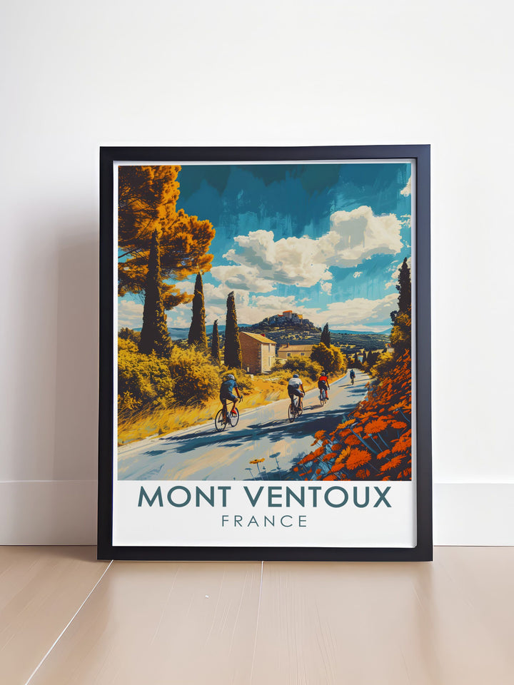 Cycle touring prints featuring Bedoin Village and Mont Ventoux perfect for adding a touch of adventure to your living room decor