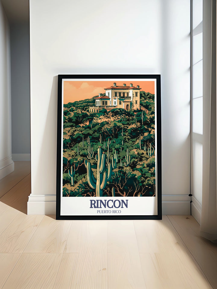 A detailed travel print of Costa Ricas Rincon de la Vieja, Castillo Serrallés, and the Guánica Dry Forest. The artwork combines the volcanic energy of Rincon de la Vieja with the historical charm of Castillo Serrallés and the unique ecology of the dry forest.