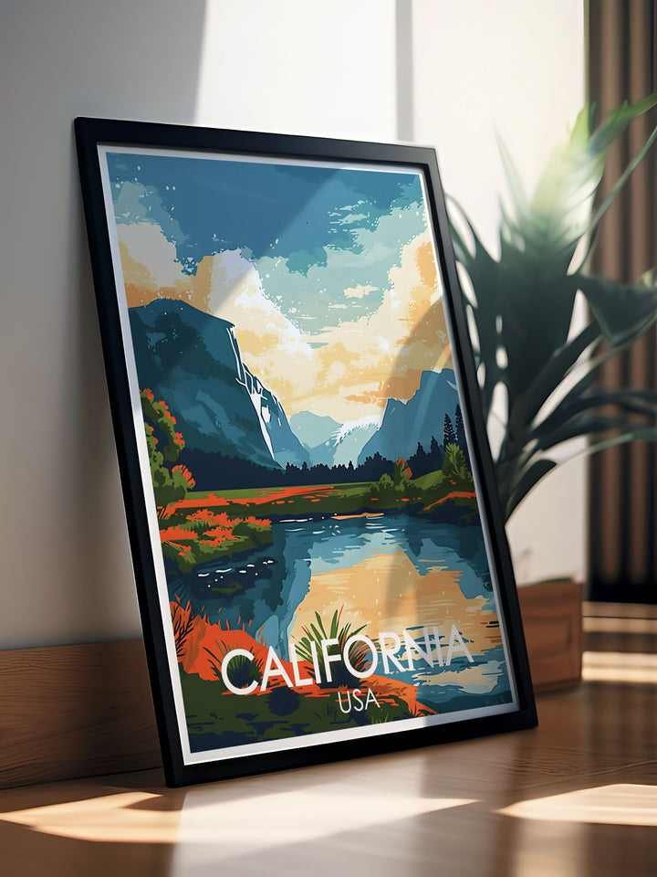 This travel poster beautifully depicts the magic of Yosemite National Park, with its iconic cliffs and stunning vistas, making it an ideal piece for nature enthusiasts and collectors. Bring the grandeur of Yosemite into your home with this exquisite print.