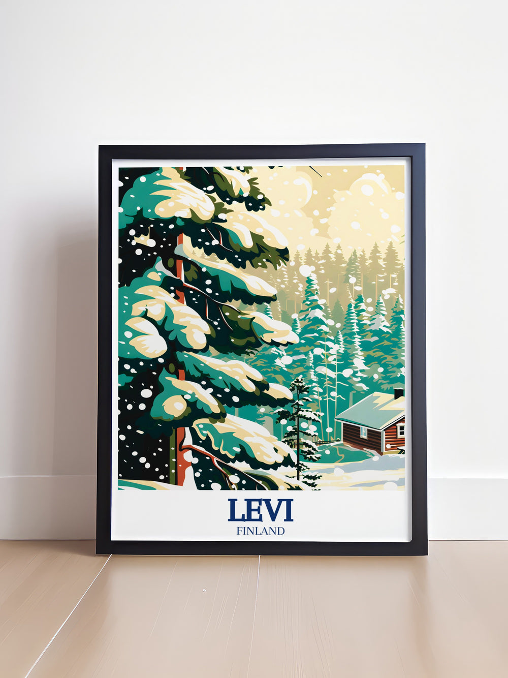 Levi Poster Print depicting the snowy landscapes of Levi, Finland, with the vibrant Levi Ski Resort and the serene Levi Snow Park in the background. This artwork captures the essence of Finnish winter wonderlands and brings a touch of Nordic charm into your home.