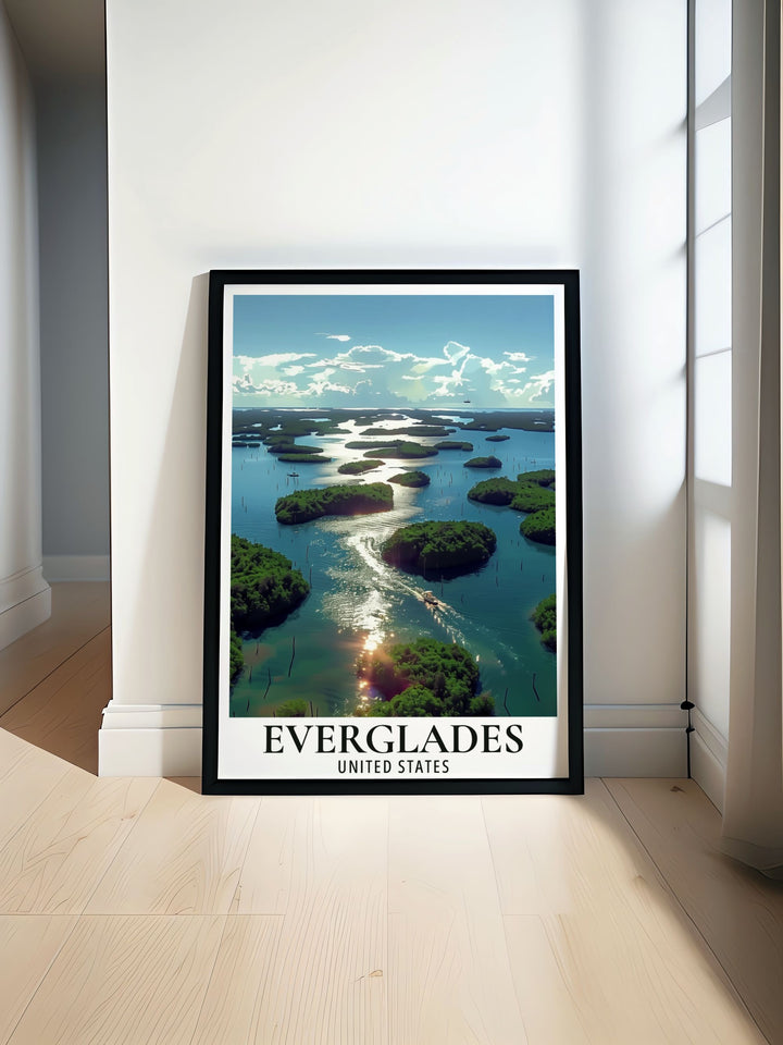 Everglades Poster capturing the stunning beauty of Floridas National Park. This art piece showcases the rich ecosystems and wildlife of the Everglades. Perfect for nature lovers and adventurers. Includes 10 thousand islands for an added touch of exploration.