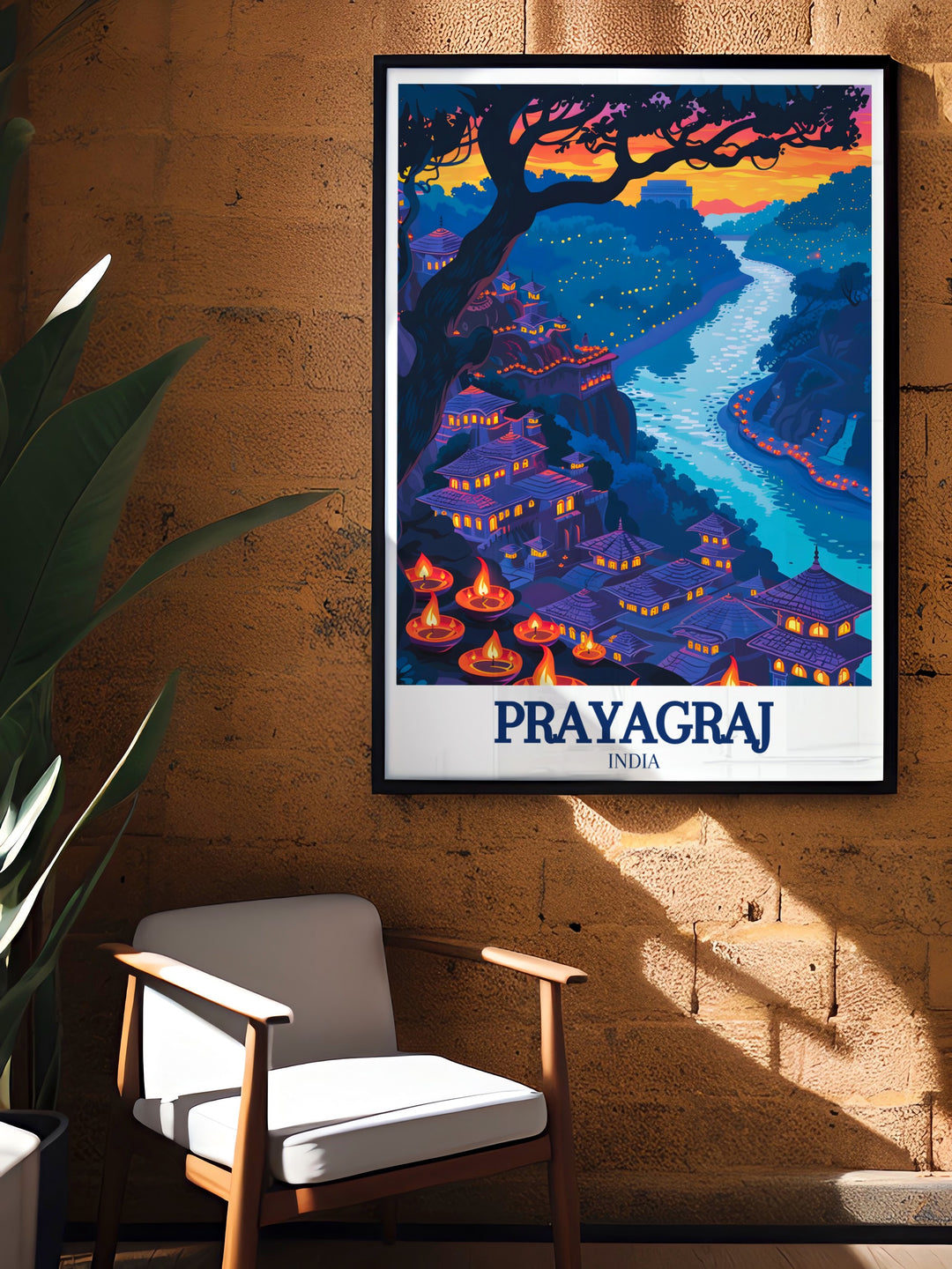 Framed art of Prayagraj, showcasing the Diwali festivities with a focus on the Allahabad Fort and the surrounding vibrant cityscape. This print is perfect for adding a festive and culturally rich touch to any space.