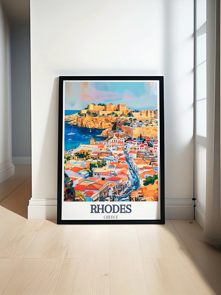 Embrace the spirit of Greece with this travel poster, featuring the stunning Palace of the Grand Master in Rhodes, along with the charm of the Old Town of Rhodes. This canvas print will bring the historic beauty of Rhodes right into your home.