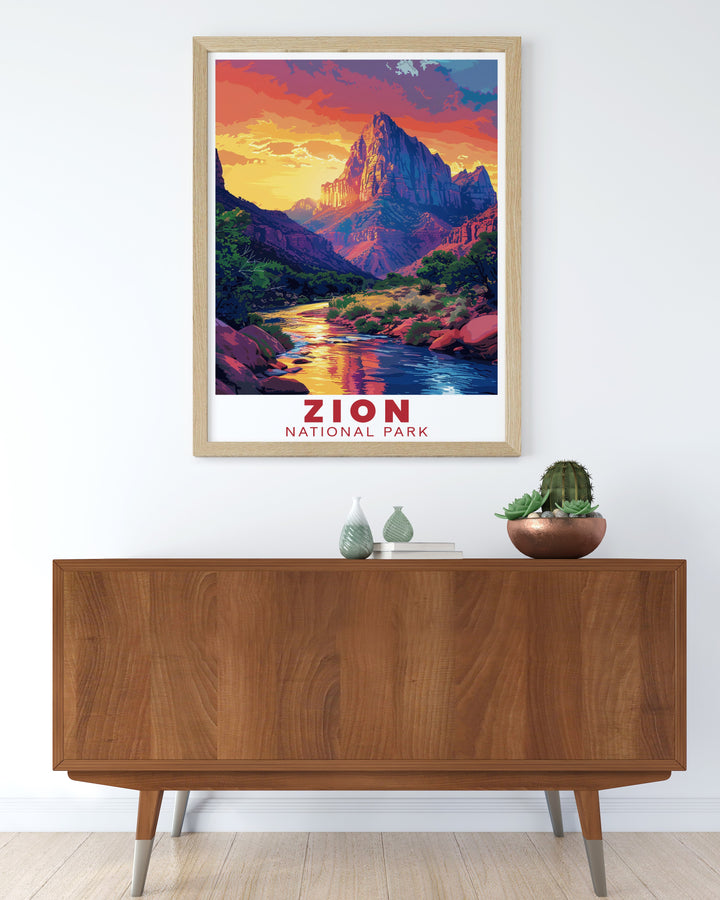 A framed art piece illustrating the grandeur of The Watchman, showcasing its towering presence and the vibrant colors of the park. This unique artwork reflects the charm and adventure of Zion National Park.