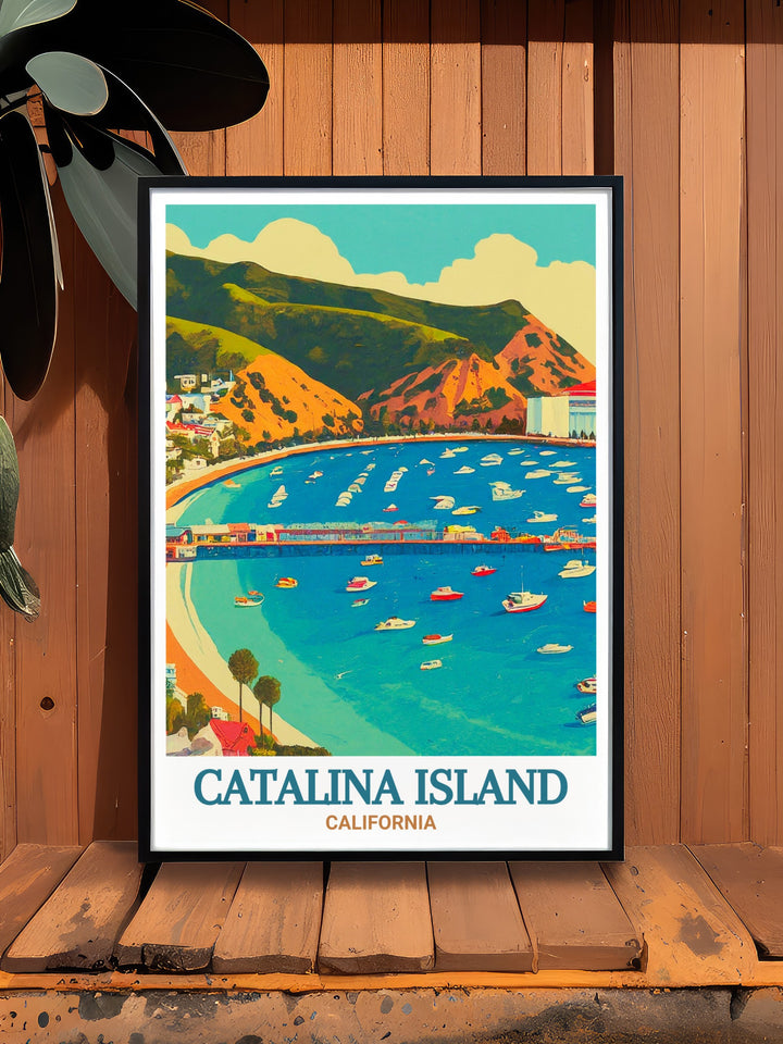 Discover the allure of Californias coastal treasures with this travel poster, featuring the iconic Avalon Bay on Catalina Island. A perfect piece for adding a touch of adventure and relaxation to your space.