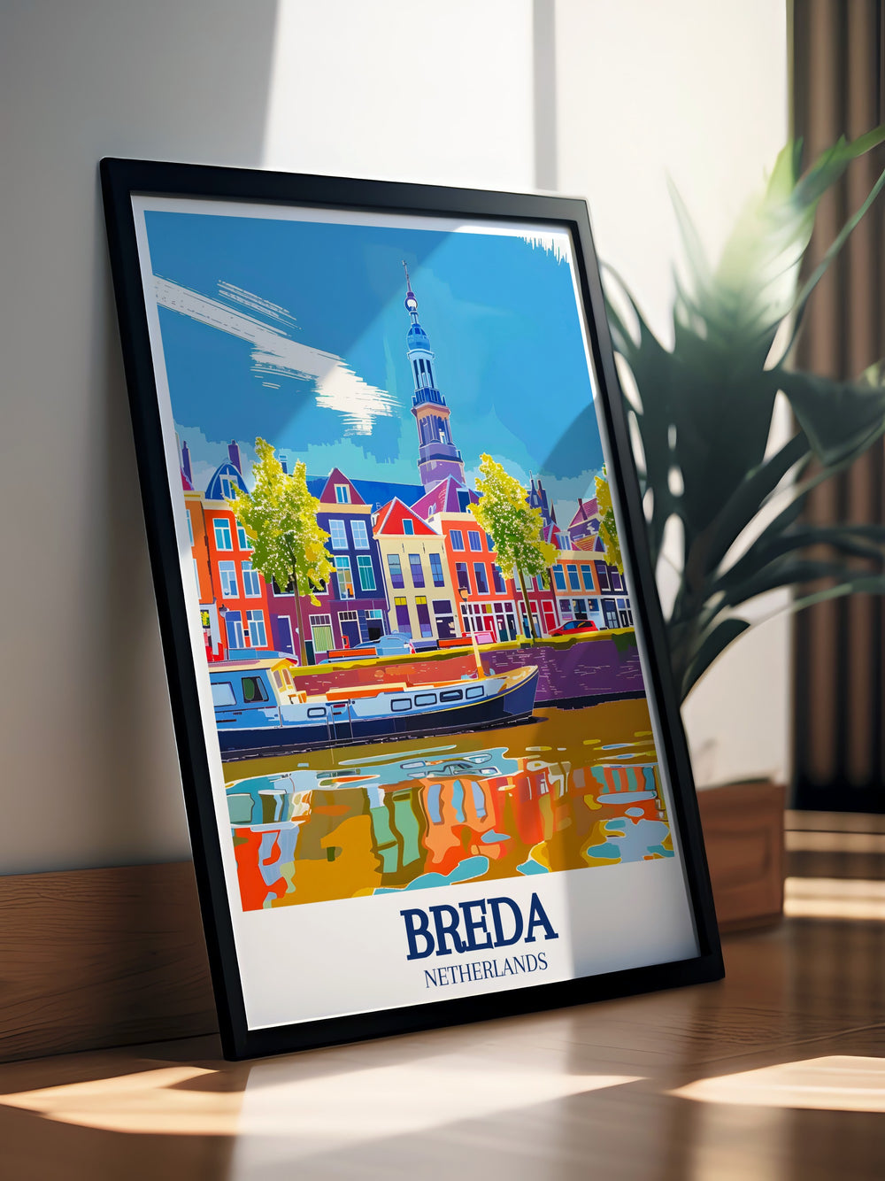 Bring the charm of Breda into your home with this stunning print of Breda canal and Great Church. The artwork is a great choice for anyone looking to celebrate Netherlands travel through art offering a peaceful and beautiful addition to modern home decor.