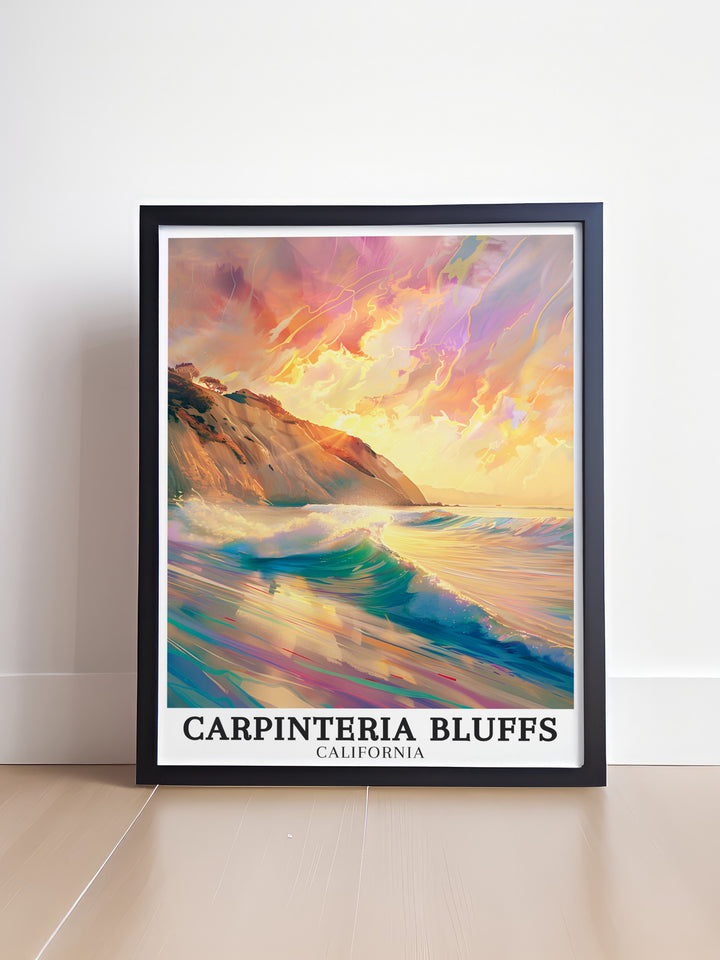 Experience the serene beauty of Carpinteria Bluffs Nature Preserve and Carpinteria State Beach with this California artwork perfect for creating a peaceful atmosphere in your home or as a thoughtful gift for nature lovers and travelers who cherish Californias landscapes