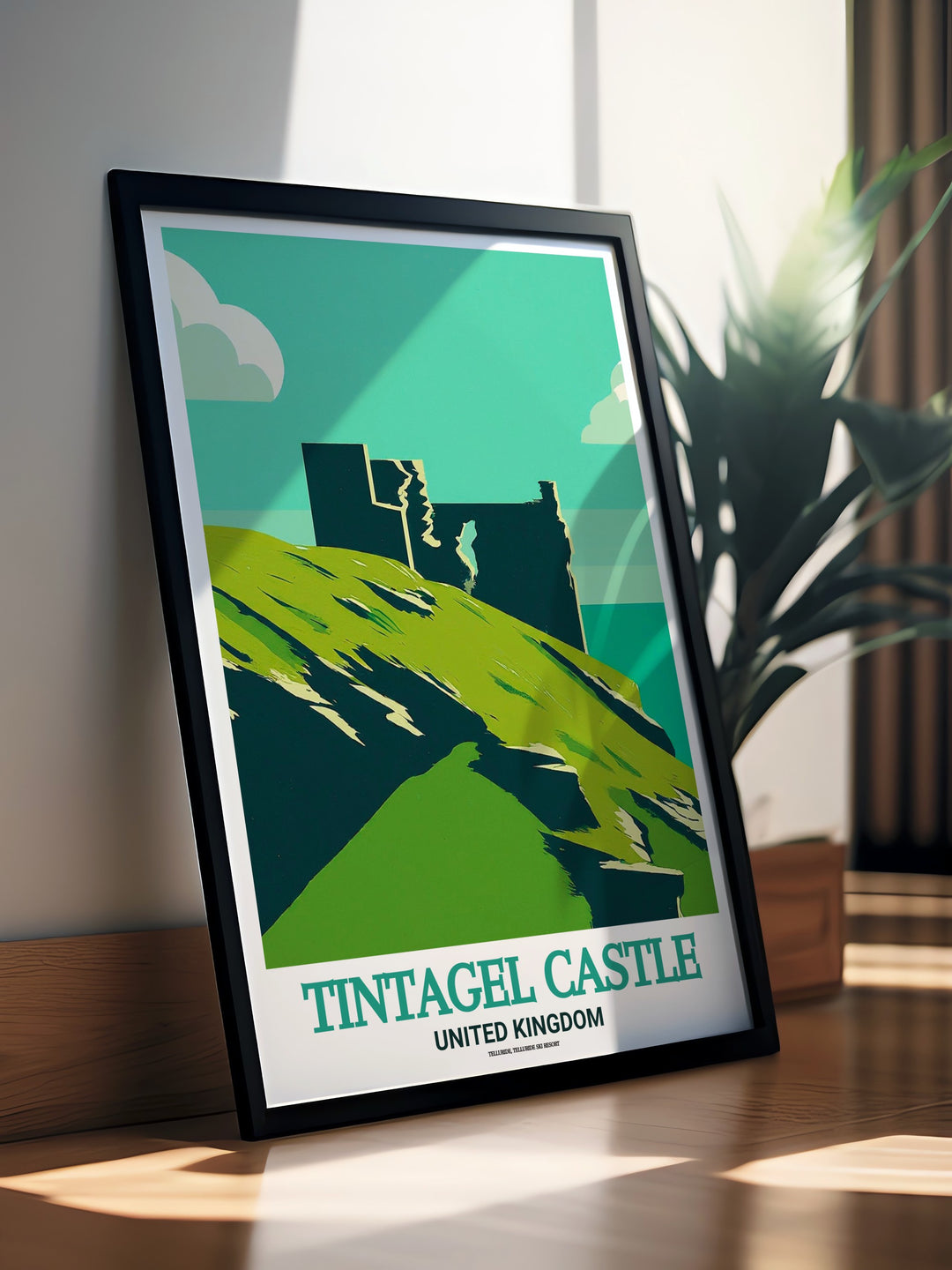 Vintage Poster of Tintagel Castle, evoking the romance and legend of King Arthur. The timeless beauty of Cornwalls landscapes and the castles storied past are depicted in vivid detail, offering a unique wall art option for any home or office.