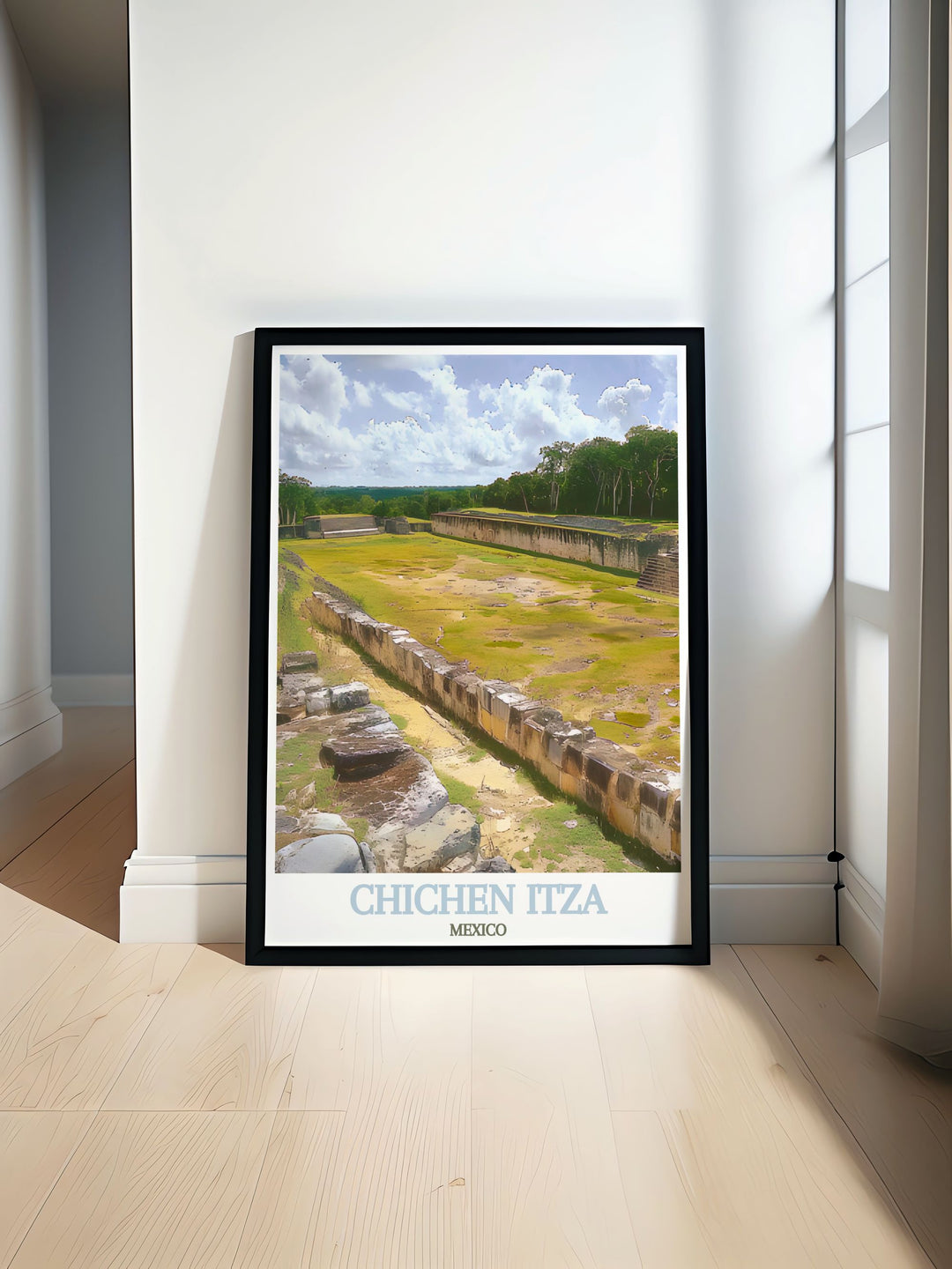 Showcase the unique beauty of Mexico with this detailed travel poster. The iconic Great Ball Court and the ancient city of Chichen Itza are highlighted, making this poster a stunning piece for those who appreciate the scenic and cultural allure of Mexico.
