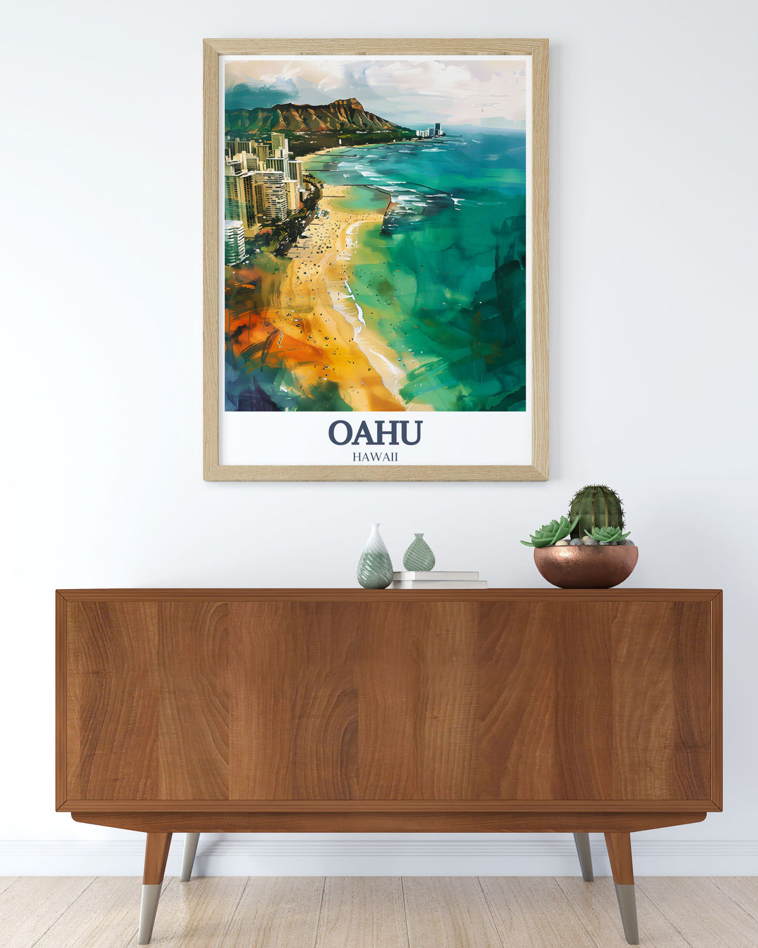 Celebrate Oahu with this colorful travel poster featuring Diamond Head and Waikiki Beach. This artwork is ideal for adding a vibrant Hawaiian touch to your living room, bedroom, or office. A perfect gift for Hawaii lovers and travelers alike.