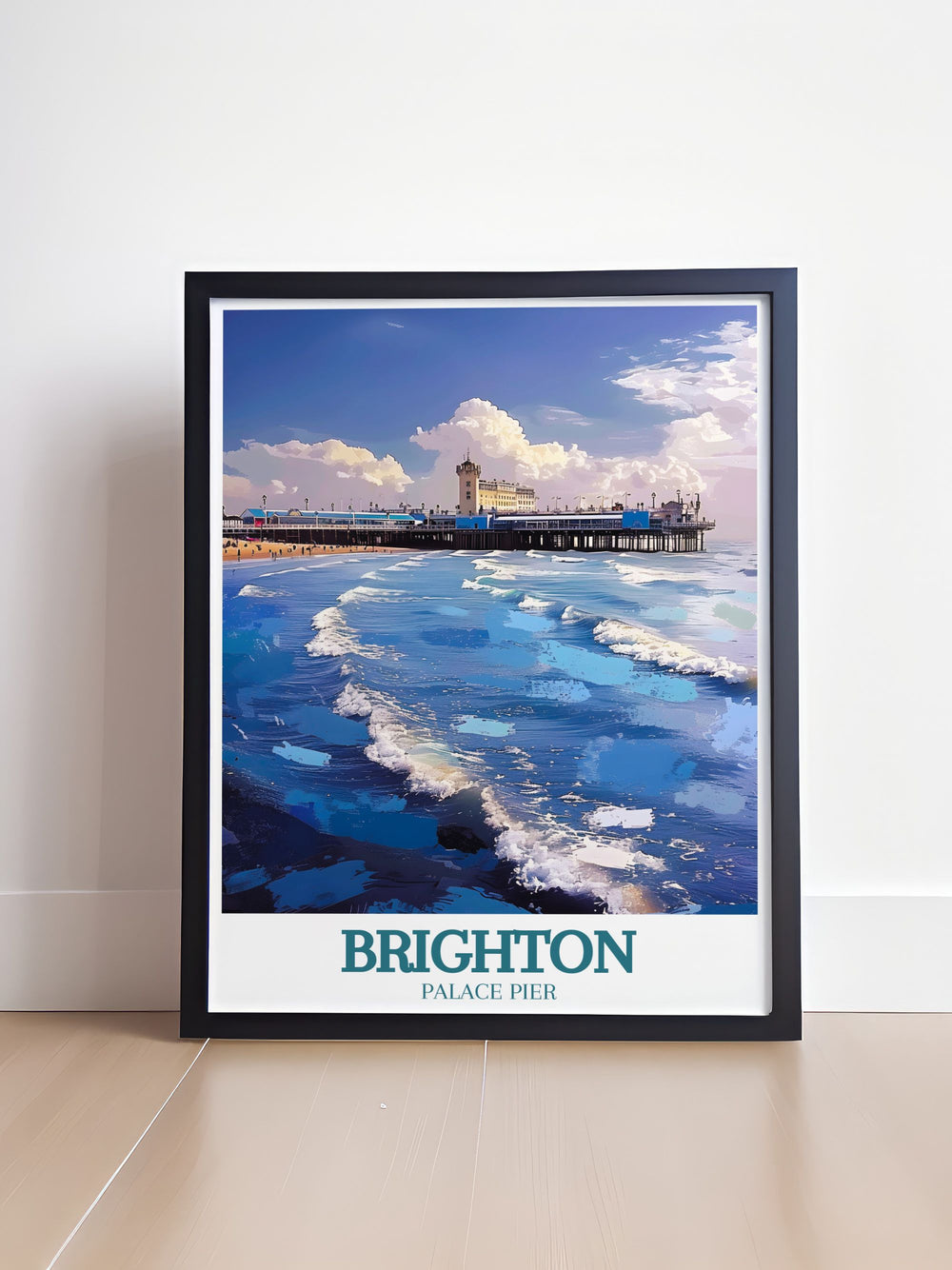 English Channel travel poster featuring the vibrant Brighton Beach and its bustling pier an ideal illustration print for lovers of coastal art and nostalgic travel designs perfect for enhancing any room.