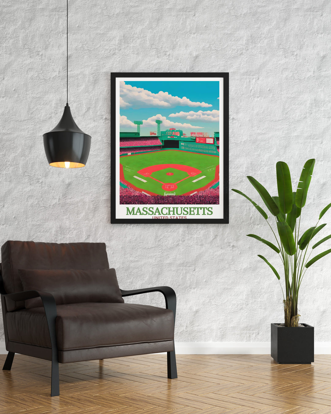 The Massachusetts Poster Print captures iconic landmarks like Fenway Park and Springfields skyline, making it an excellent travel print for fans of Massachusetts. Perfect for home decor, this vintage style print highlights the beauty and charm of two of the states most beloved locations.