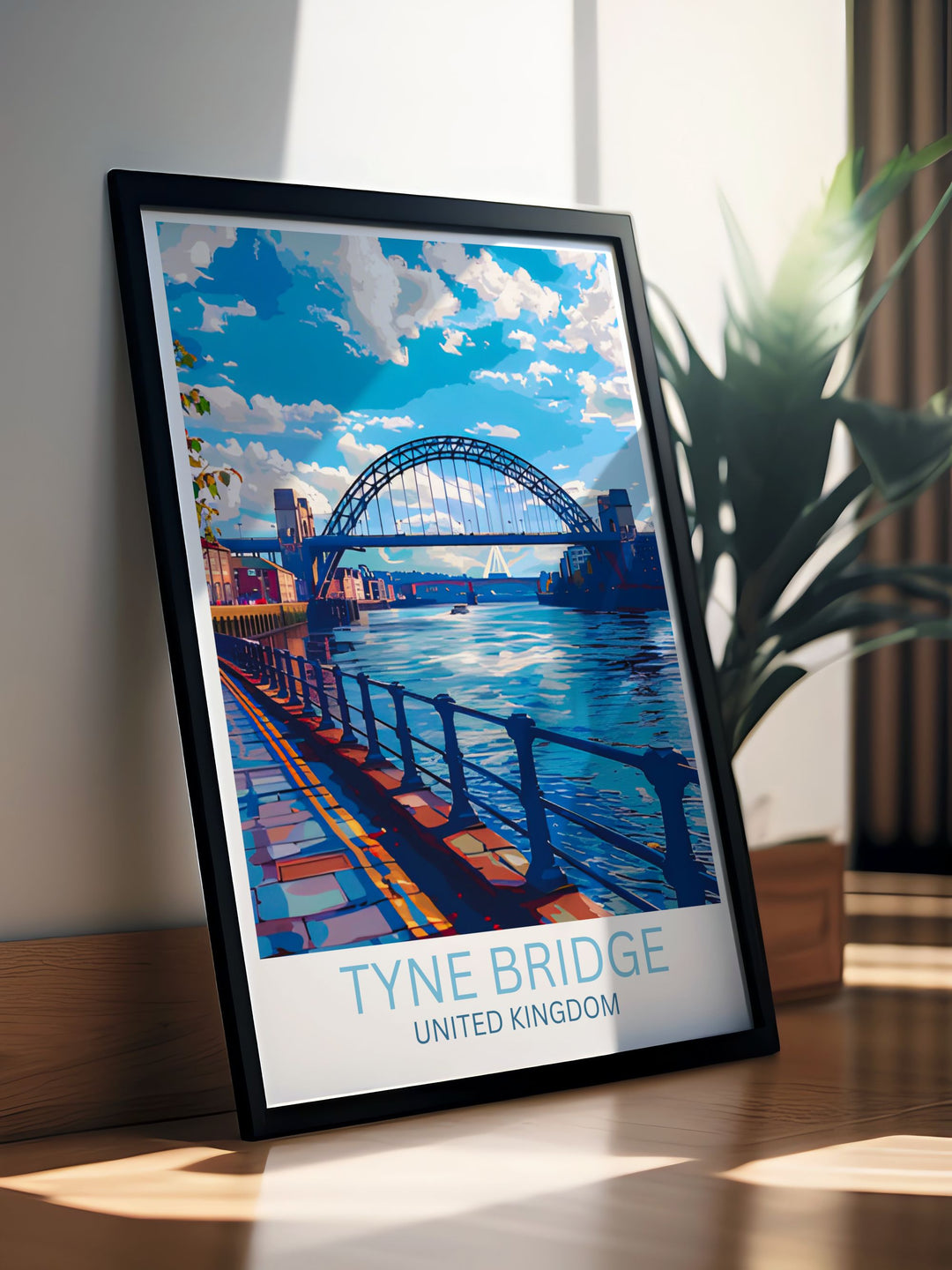 Newcastle Poster showcasing Tyne Bridge and the vibrant Quayside area with detailed architectural elements. This retro travel poster captures the modern and historic beauty of Newcastle making it an ideal framed print for your home or office