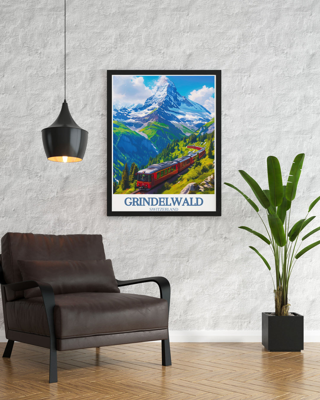 A captivating travel poster of Eiger mountain Grindelwald First featuring breathtaking views of the Swiss Alps. This Grindelwald First poster is perfect for enhancing your home decor with its stunning depiction of the mountain village.