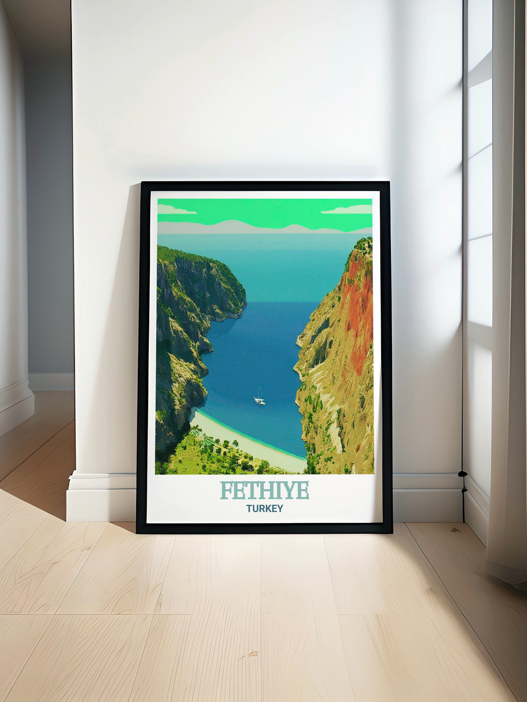 Scenic poster of Butterfly Valley highlighting its stunning landscapes and clear blue waters. This Turkey wall art captures the valleys tranquil beauty, making it a great addition for those who love serene and natural decor.