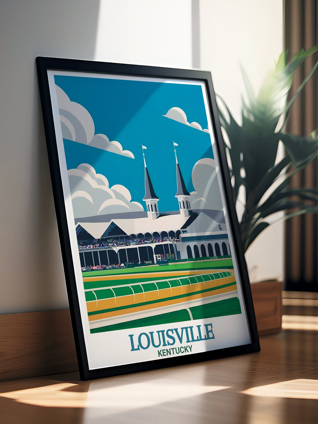 A framed art print celebrating the iconic Churchill Downs in Louisville, Kentucky. The vibrant colors and detailed illustration bring to life one of the citys most beloved landmarks, making it a must have for fans of the Kentucky Derby and Louisvilles history.