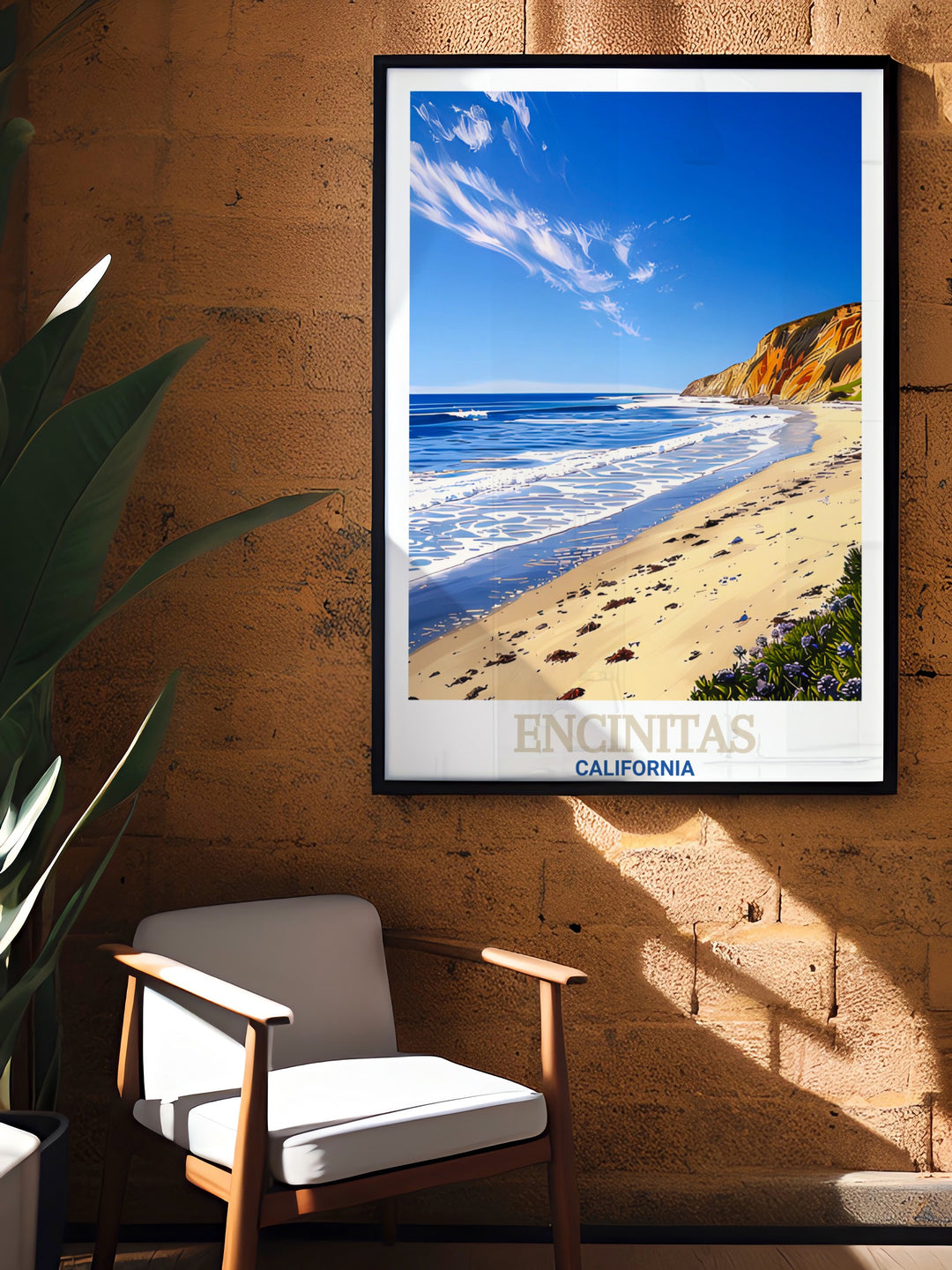 Encinitas art print features the citys unique blend of beachside living and vibrant community life, with Swamis Beach as the centerpiece. This California travel poster is ideal for adding a touch of the coast to any home or as a thoughtful personalized gift for friends.