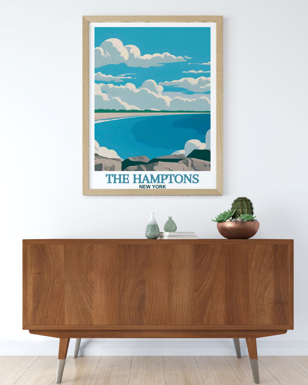 This art print of The Hamptons captures the beauty of Coopers Beach with a soft and inviting color palette. The perfect gift for beach lovers, this vintage travel poster showcases New Yorks iconic coastline in a timeless, elegant way.