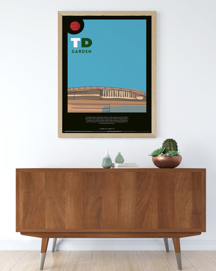 Stunning TD Garden Modern Print highlighting Jason Tatum and other Celtics stars in a classic retro style suitable for adding a touch of basketball history to any room or office space