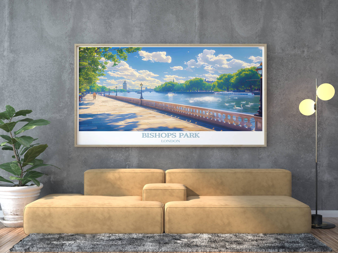 London print of Thames River Walk highlighting the natural beauty and vibrant scenery along the riverside, perfect for enhancing any room decor.