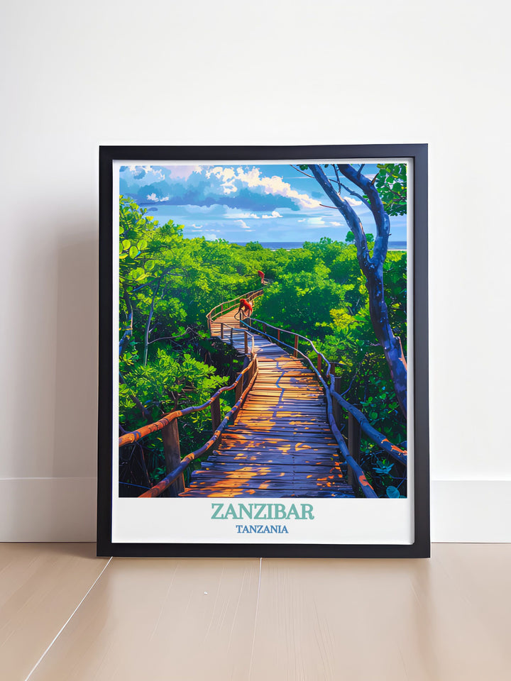 Beautiful Jozani Forest wall art bringing the magical landscapes of Zanzibar into your home ideal for nature lovers and art collectors looking for high quality prints that depict the rich and diverse ecosystem of the forest.