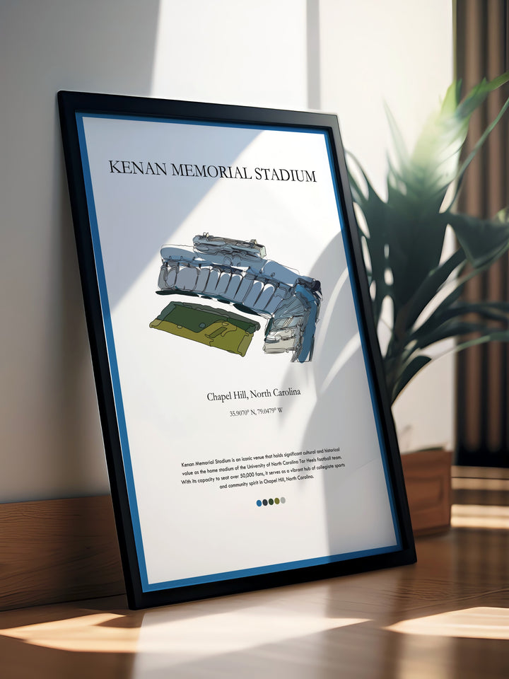 Kenan Memorial Stadium art print offers a detailed view of the iconic stadium in Chapel Hill. This UNC football poster is the perfect addition to any sports fans collection making it ideal for birthdays or Father’s Day gifts.