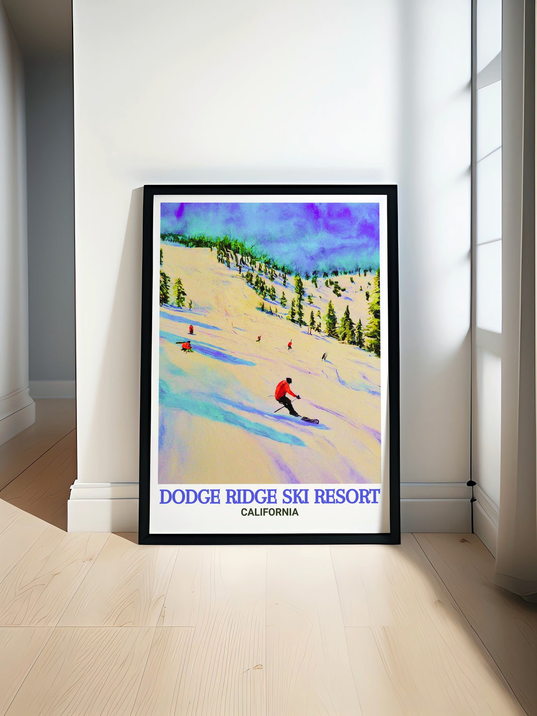 Winter sports art print featuring Dodge Ridge Ski Resort, capturing the excitement and tranquility of skiing in the Sierra Nevada. This detailed illustration is a wonderful addition to any home decor, celebrating the beauty and thrill of winter sports.