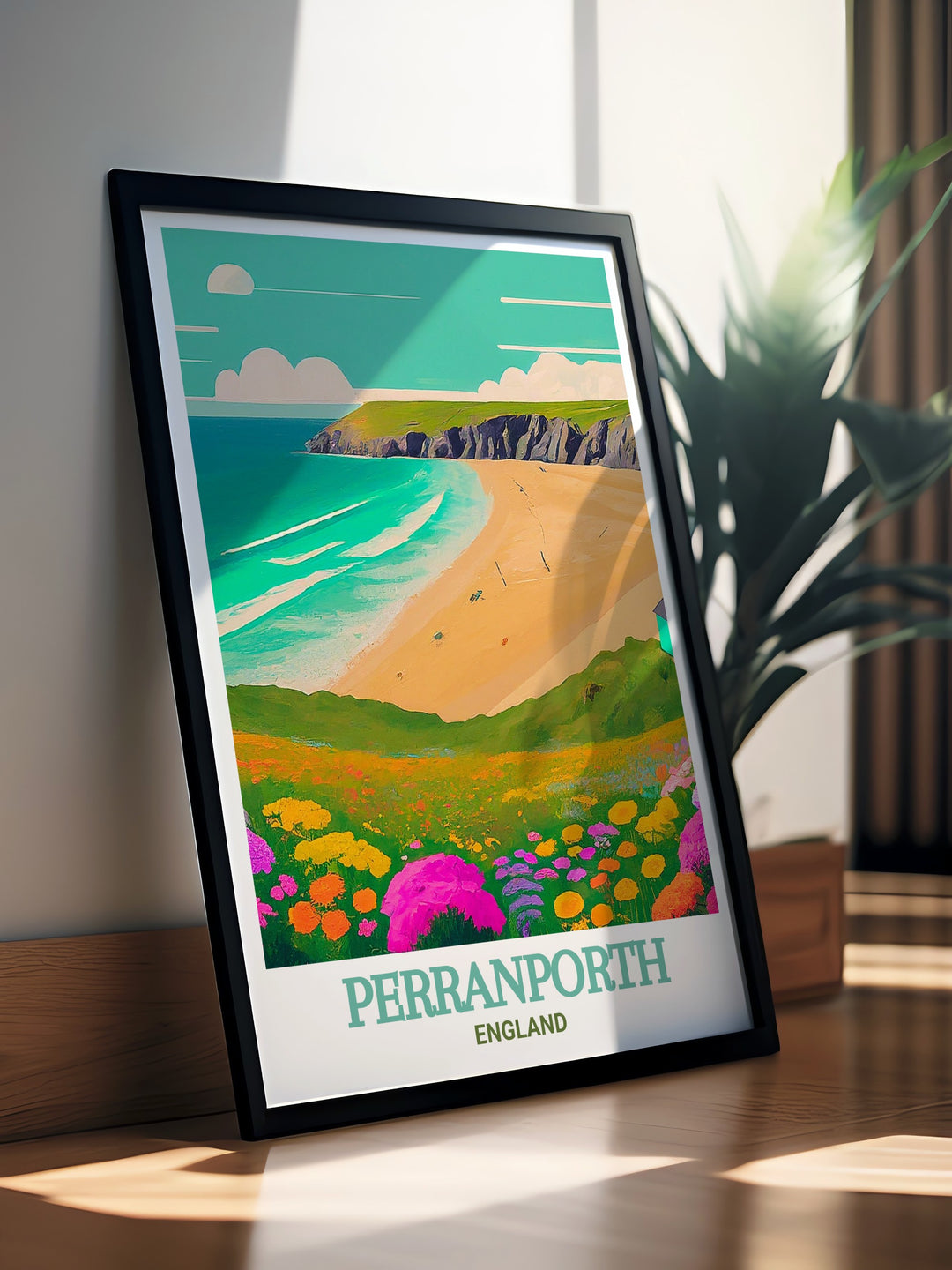 Stunning travel poster of Perranporth Beach, showcasing the breathtaking scenery of Perranporth in England. A perfect gift for nature and art lovers. The vibrant colors and intricate details capture the serene ambiance of this famous destination.