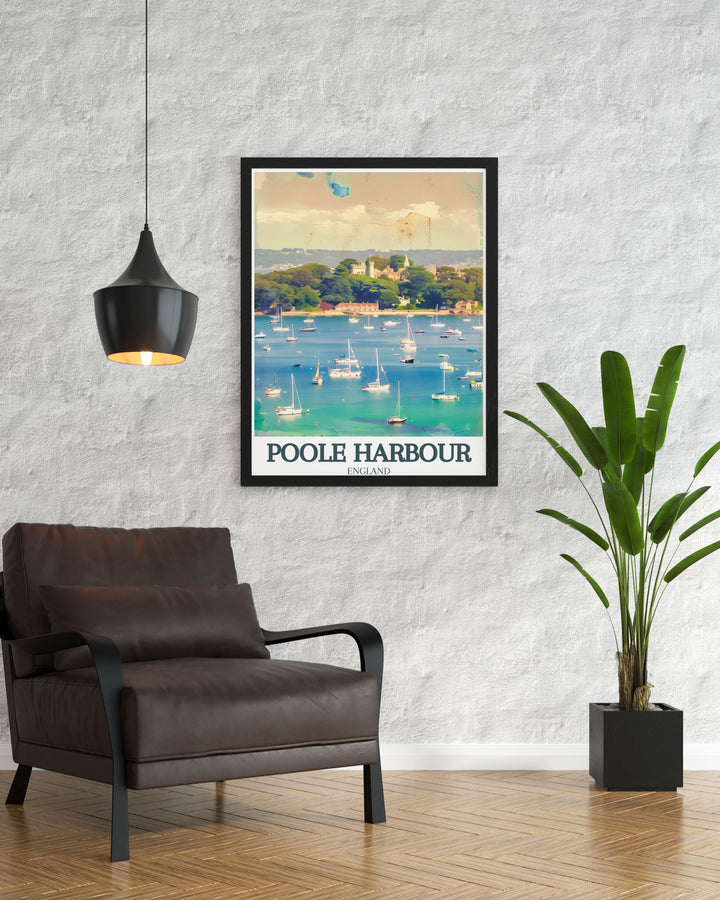 Beautiful England art print of Poole Harbour featuring Brownsea Island and Sandbanks Beach a perfect addition to any wall decor or as a thoughtful travel gift for loved ones showcasing the serene landscape of this iconic English destination