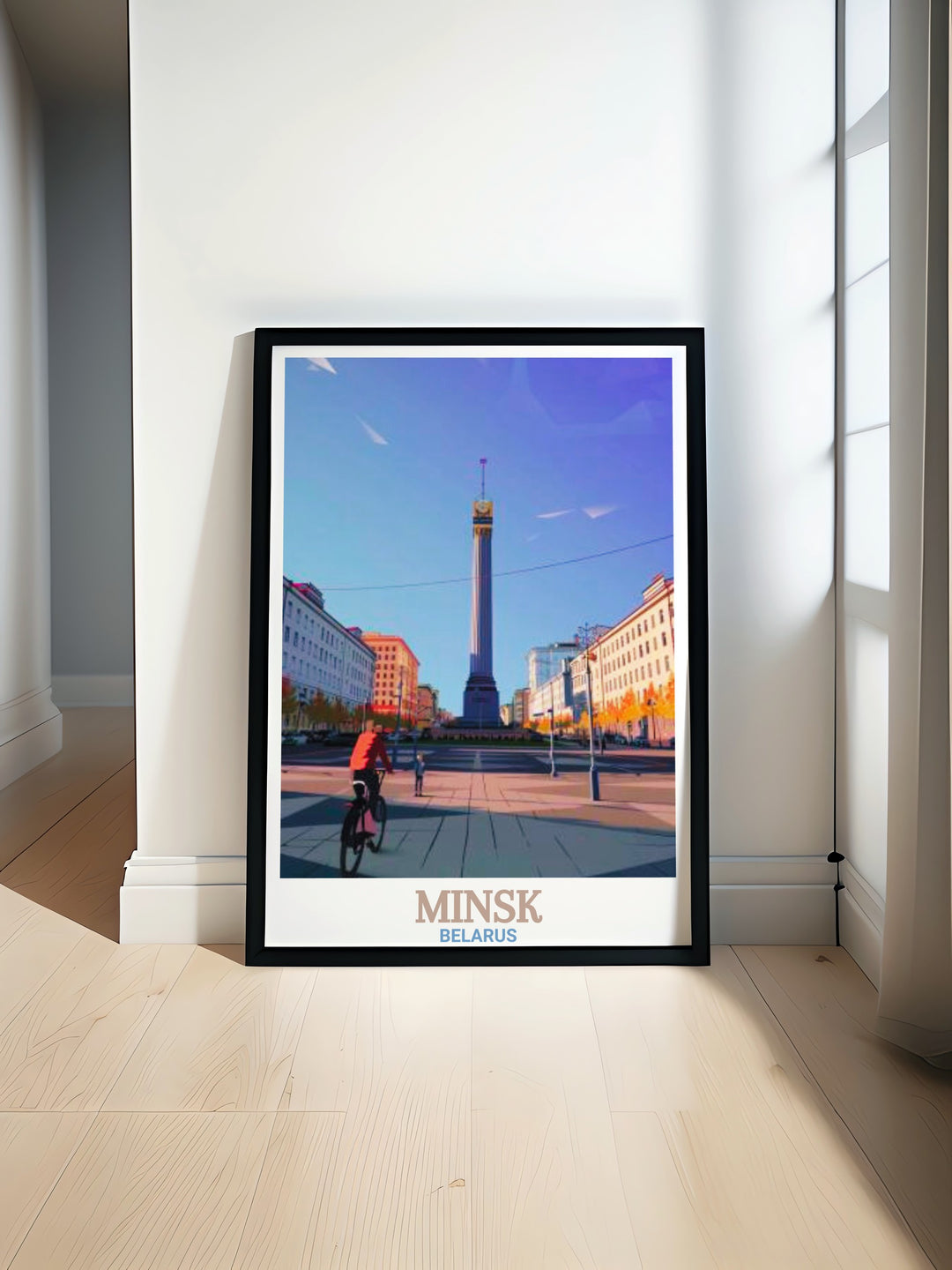 This framed art piece showcases the beauty of Victory Square in Minsk, Belarus. The minimalist design and bold colors make this travel print a perfect choice for home décor or as a personalized gift for those who love Belaruss history and architecture.