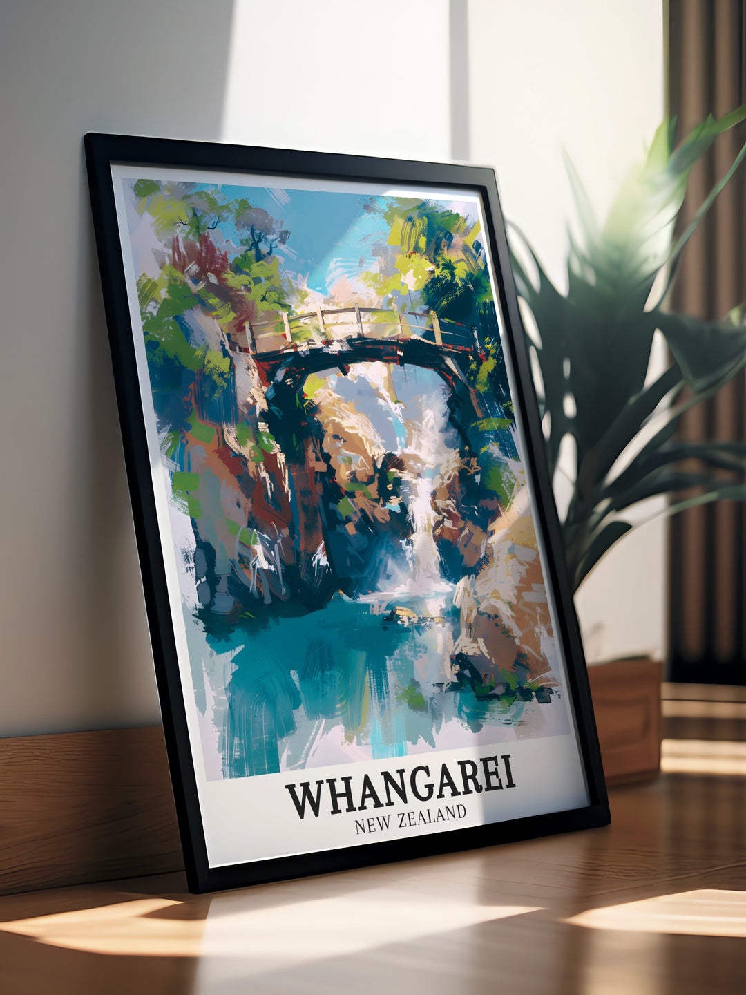 Whangarei Falls Wall Art depicting the majestic 26 meter waterfall surrounded by lush greenery. This New Zealand poster is a vibrant addition to any home, capturing the serene atmosphere of Whangarei Falls. Ideal for nature lovers and those who appreciate New Zealands breathtaking landscapes.