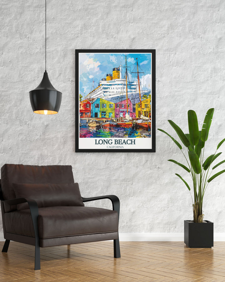 Add coastal charm to your space with Queen Mary and Shoreline Village modern art prints. Featuring the Long Beach skyline and city map, this Long Beach poster offers an elegant decor option for anyone looking to bring Californias beauty into their home.