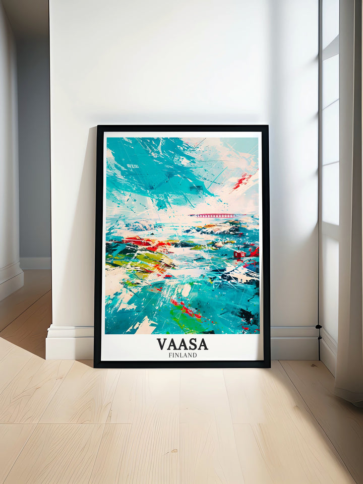 Explore the beauty of Finland with our Vaasa poster print, highlighting the Kvarken Bridge and the stunning Kvarken Archipelago. This artwork captures the coastal charm and natural wonders of Finland, making it an ideal gift for nature lovers and Scandinavian travel enthusiasts.