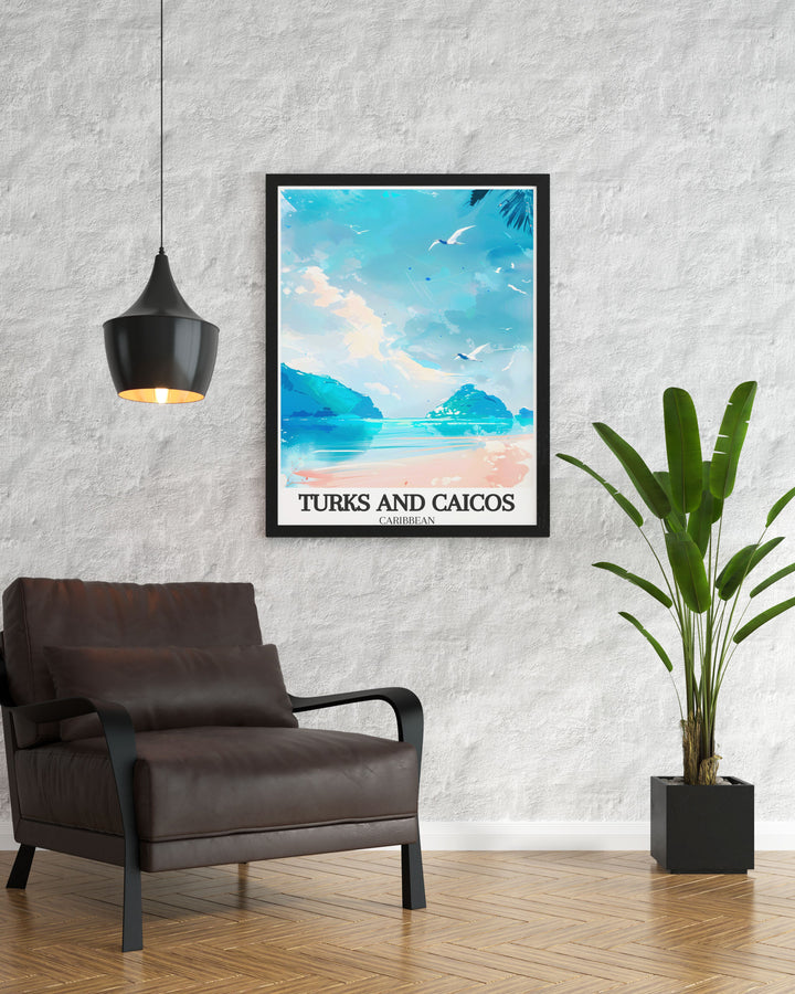 Featuring the soft beaches and clear waters of Turks and Caicos, this travel print of Chalk Sound National Park is the perfect way to bring a tropical touch to any space. Its an ideal gift for any lover of Caribbean landscapes.