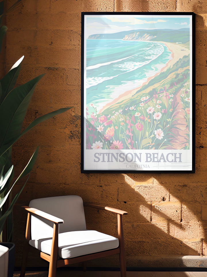 Our detailed art print of Bolinas Point features Californias dramatic cliffs and quiet beaches, capturing the rugged beauty of the Pacific Ocean. This travel poster is a great addition to any coastal or ocean themed decor, offering a touch of Californias coastal charm.