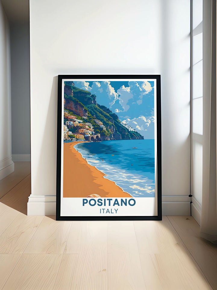 Positano art print capturing the beauty of Spiaggia Grande with vibrant colors and intricate details perfect for adding a touch of Mediterranean charm to your home décor and enhancing any wall with Italys timeless allure