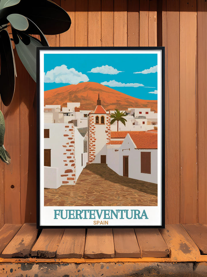 Fuerteventura travel print featuring vibrant illustrations of Betancuria, one of the islands oldest and most culturally rich towns. This art print makes a stunning addition to your wall decor and is ideal for lovers of Spanish heritage and the Canary Islands.