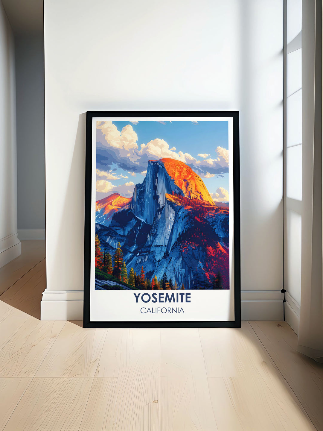 Featuring the iconic Half Dome in Yosemite, this poster highlights the stunning granite formation against a backdrop of clear blue skies, making it an ideal piece for nature lovers and adventurers alike.