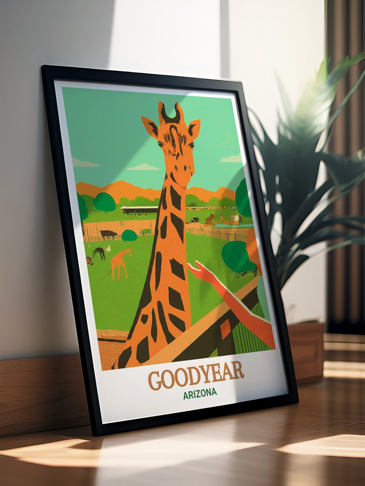 The Wildlife World Zoo framed art combines Arizonas natural beauty with the wonder of wildlife. Featuring desert landscapes and the diverse animals found at the zoo, this artwork brings both adventure and tranquility to your home, making it a perfect gift for nature and animal lovers.